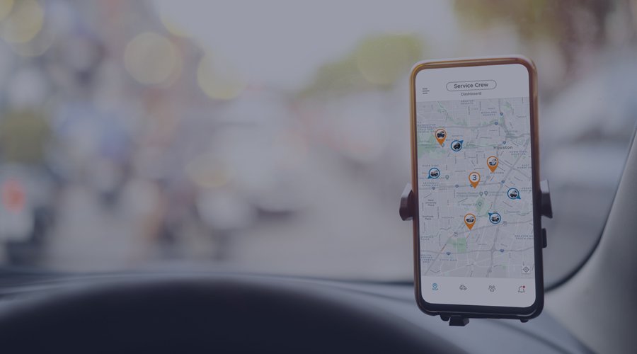Service crew dashboard phone on car windshield